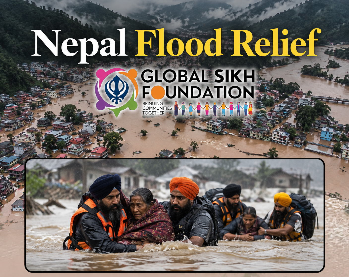 A Nepal Flood Relief poster by the Global Sikh Foundation, showing severe flooding across a town in Nepal and Sikh volunteers wading through floodwaters to rescue and assist affected residents.